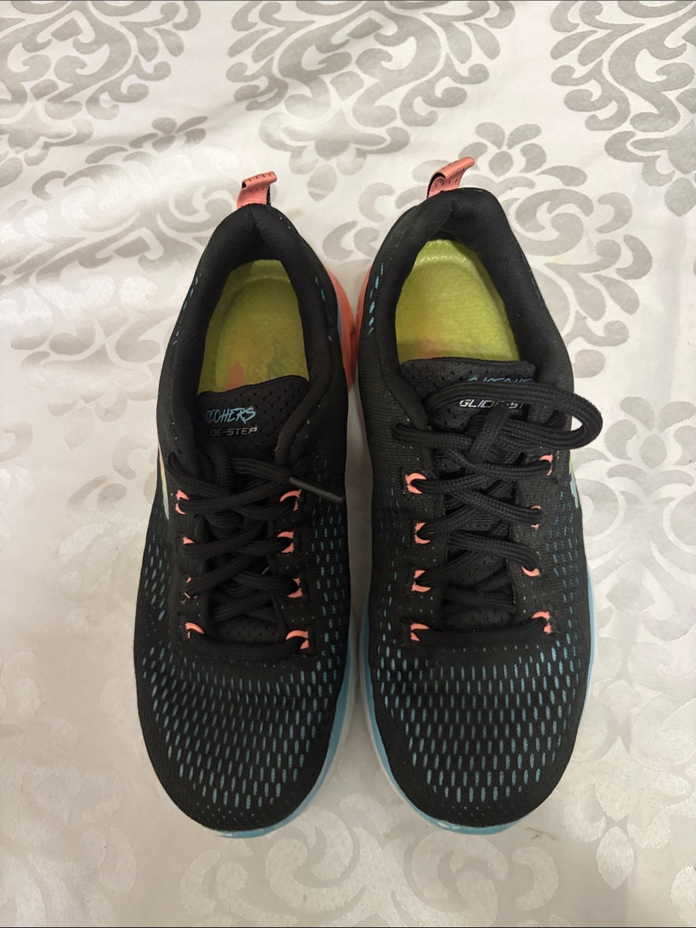 Skechers Women's Black Knit Sneakers with Coral and Teal Details